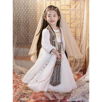 漢服女童春款兒童西域少數民族裙子舞蹈演出服小女孩民族風連衣裙