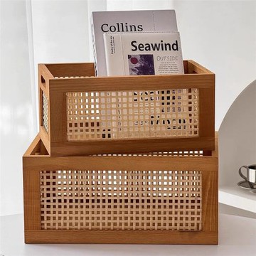 跨境復古藤編收納筐客廳書本收納盒辦公室實木抽屜置物整理收納籃