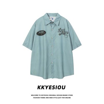 KKyesiou潮牌設計感豎條紋嘻哈短袖襯衫男女卡通字母情侶外套上衣