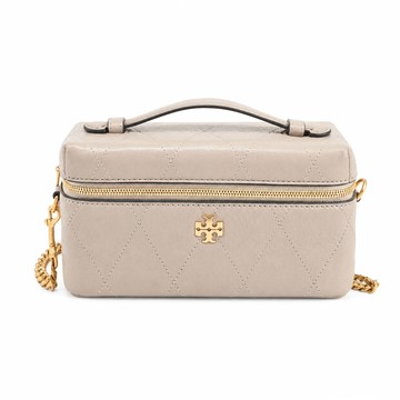TORY BURCH CHARLIE 荔枝紋皮革雙開式菱格絎縫化妝/斜背包(柔霧米灰)