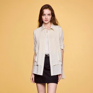 HONOR時尚透膚條紋口袋長袖襯衫-米白