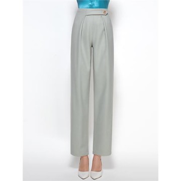 2026春季新款 法蘭呢對褶偏扣西裝女褲毛料牛油果綠中腰直筒褲