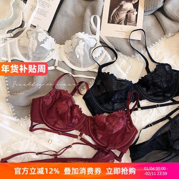 法式刺繡網紗綁帶超薄大胸顯小軟鋼圈聚攏收副乳內衣套裝性感文胸