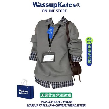Wassup kates韓系復古格子長袖衛衣女春秋冬季慵懶風假兩件上衣服