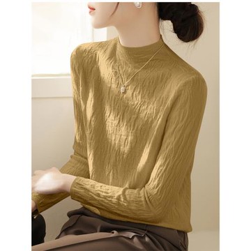 芥黃色長袖針織衫女裝秋冬季新款半高領毛衣修身羊毛純色打底上衣