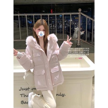 粉色大毛領派克羽絨棉服女秋冬新款加厚甜妹保暖棉襖小個子外套潮