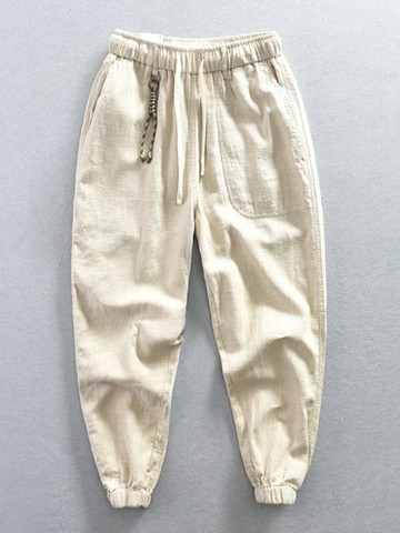 男士棉麻九分哈倫褲 夏季款冰絲棉麻束腳休閑褲男士百搭抽繩九分哈倫褲青年寬松工裝褲