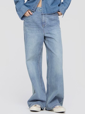 女裝 純棉寬鬆牛仔褲-淺色水洗