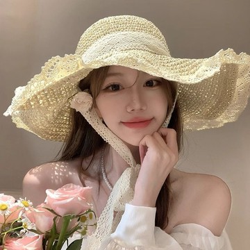 仙女系拍照超上鏡度假風蕾絲邊草帽拍照神器韓版蕾絲邊大簷防曬帽