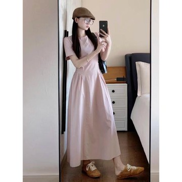 (免運)溫柔風甜美粉色褶皺短袖連衣裙女夏季海邊度假風收腰a字顯瘦長裙