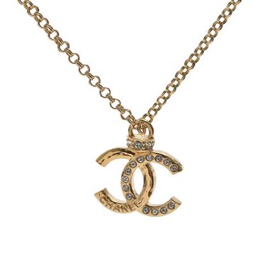 CHANEL 經典雙C LOGO半水鑽鑲飾造型項鍊(金色)