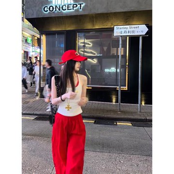 Cuitcuit 紅白拼接假兩件吊帶背心女泰蘭德風修身辣妹無袖上衣夏