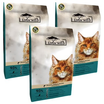 LIVIN'WILD 野宴 全齡貓 無穀配方 乾飼料 紐西蘭全新天然糧 薄片外型  野生帝王鮭魚  1810g  3袋