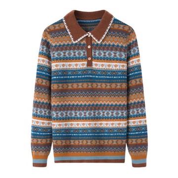 秋冬新款純羊絨衫女領套頭毛衣時尚復古花色民族風條紋保暖針織衫