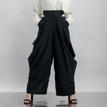 INF 假兩件腰鏤空垂墜印花寬褲 / 黑