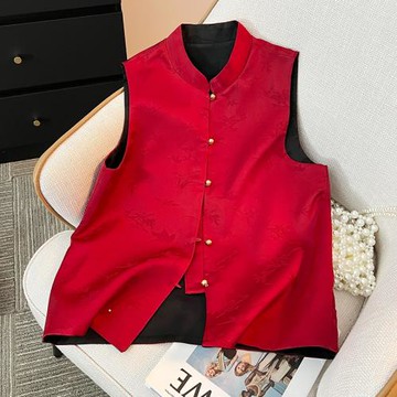 雙面穿國風馬甲女士外穿坎肩背心秋冬立領唐裝上衣大碼新中式馬夾