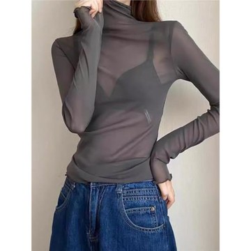 高領網紗打底衫女春夏薄款洋氣長袖內搭黑色性感透視純欲蕾絲上衣