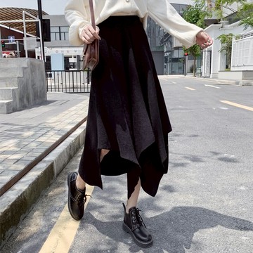 針織半身裙秋冬女ins高腰顯瘦百搭不規則大擺a字中長款毛線長裙子1入