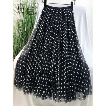 【清倉338元】3D雙面立體花朵刺繡！碎花網紗半身裙秋冬女大擺a字