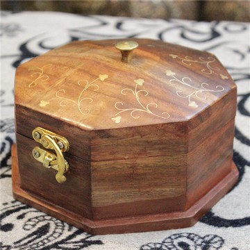 核桃木拋光鑲嵌銅花首飾盒收納廠家直銷家居擺件禮品BM591入