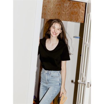 BulletNini基礎款黑色T恤女寬松夏季純棉打底衫U型圓領短袖甜辣風