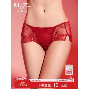 曼妮芬性感蕾絲內褲女士舒適短褲中腰法式浪漫蝴蝶結純棉底襠底褲