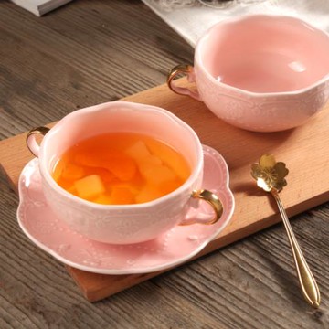 日單粉色金邊雙耳碗歐式浮雕陶瓷 燕窩碗雙耳碗湯盅甜品碗銀耳碗