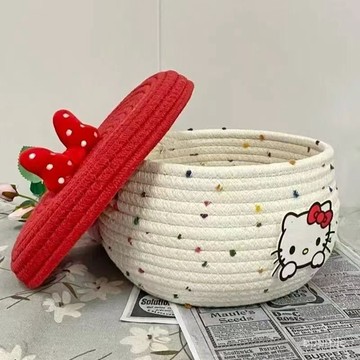 桌麵收納筐可愛KT貓棉綫編織帶蓋收納筐桌麵零食收納盒雜物整理籃 6XIN