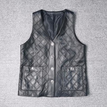 歐貨歐洲站春季新款真皮馬夾女綿羊皮菱格馬甲外套一步裙真皮皮裙