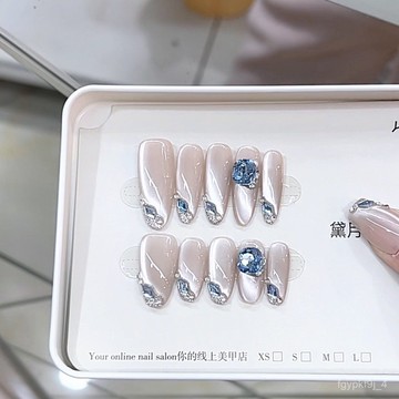 🥰可可新品🥰奈姿 手工穿戴甲春夏新款冰透藍鑽高端氣質冰透立體貓眼美甲貼片手工穿戴甲日常穿戴甲高級感穿戴甲新年穿戴甲 3Q