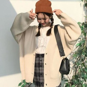 【針織開衫】秋冬女式純色寬松大碼毛衣 時尚百搭休閑慵懶風外套