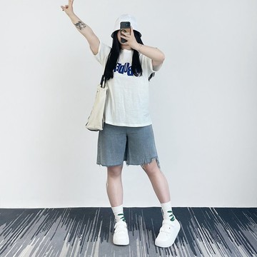 佰分佰/150kg內可穿/牛仔五分褲/短褲/夏款/寬鬆/顯瘦/闊腿褲/休閑中褲/素面/大尺碼