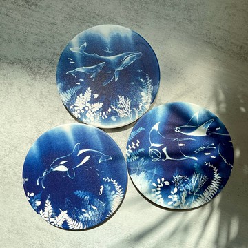 【藍海潛尋】印刷藍曬-海洋生物/大翅鯨/潛水/吸水杯墊