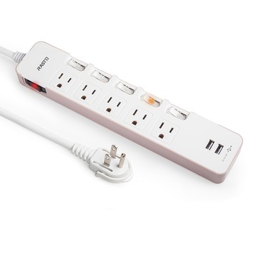 RASTO FE9 六開五插三孔二埠USB延長線 粉色  1.8m  1條