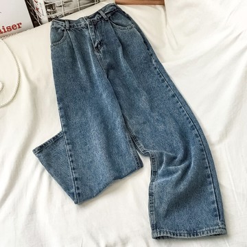 港風牛仔褲女高腰顯瘦秋春新款小個子顯高直筒寬松闊腿褲子ins潮
