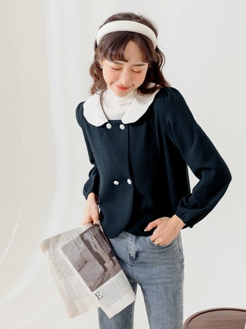 花邊娃娃領立體織紋開襟上衣