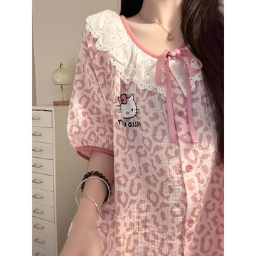 ⭐臺灣出貨⭐2025新款花邊豹紋hellokitty睡衣女夏季短袖短褲薄款居家服兩件套