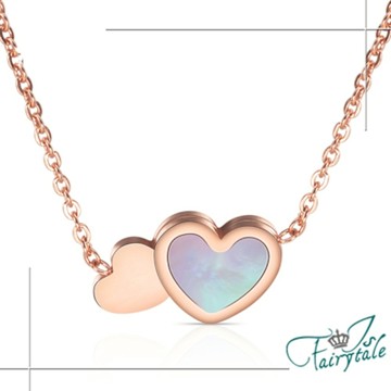 伊飾童話 網紅時尚 歐美INS風貝殼鑲嵌百搭頸鍊雙愛心鎖骨鍊 玫瑰金