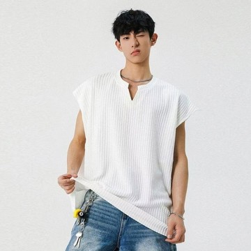 美式 坎肩 背心 男生 夏季 新款 t恤 寬鬆 休閒 肌理感 潮牌 V領 無袖 體恤 運動 上衣男 （YBX14）