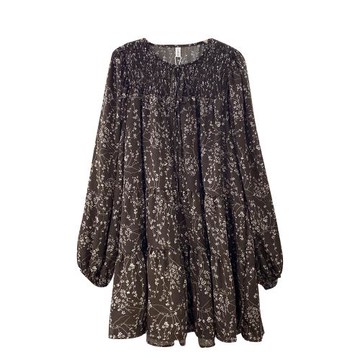 法式復古長袖碎花連衣裙春夏季寬松顯瘦短裙打攬褶皺系帶裙子170