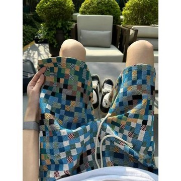 美式撞色馬賽克提花針織格子短褲男款夏季寬松闊腿休閑百搭五分褲