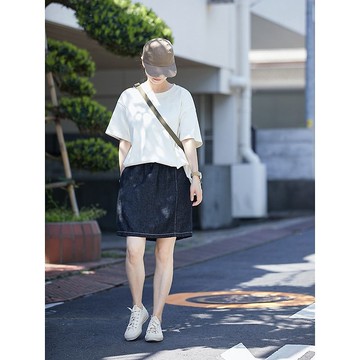 黑色亞麻松緊腰牛仔短裙