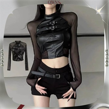 旺斯女孩 這件最性感 削肩拼皮網紗上衣 歐美長袖 暗黑辣妹風格 皮革背心 短版上衣 露背