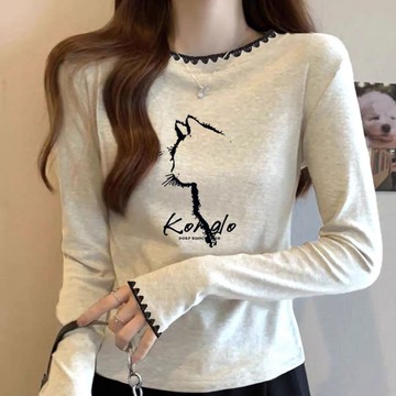 衣時尚 上衣 長袖T卹 印花T恤衫 新款花邊設計感上衣女簡約內搭打底衫薄款百搭上衣-8008.