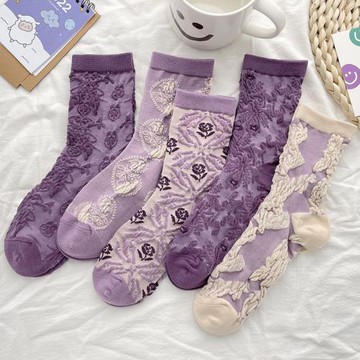 立體紫色襪子女ins潮碎花復古春秋款棉襪中筒襪可愛日系秋冬長襪