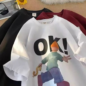 美式 高街 短袖字母 T恤男 夏季 ins 潮牌 寬鬆 復古 創意 卡通人物滑板印花 短袖男 男t（XB1528）