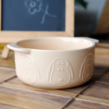 M1988北歐風陶瓷釉下彩花生狗浮雕立體奶油色雙耳大口碗沙拉面碗