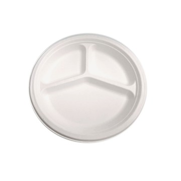 【免洗餐具】自然風環保植纖圓形3格餐盤