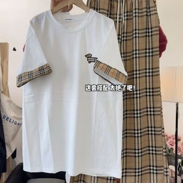 8947 人珍藏清單🎐2026夏季新款刺繡時尚圓領上衣拼接格子短袖女中大童休閒百搭T恤74VP