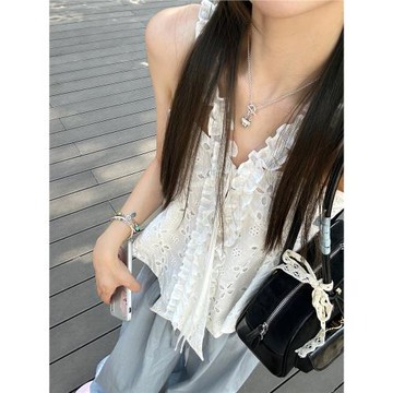 ASHENONLINE蘇梅島夏日 無袖小衫時尚甜美少女純棉水溶白色小上衣